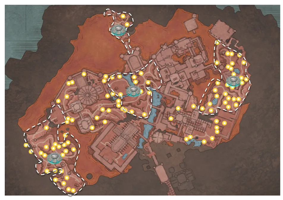RuneScape Dragonwilds map highlighting allowed Lodestone construction areas in Downdun Reach