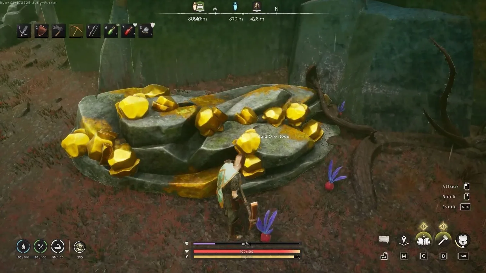 Player approaching a glowing Gold Ore Node in RuneScape: Dragonwilds