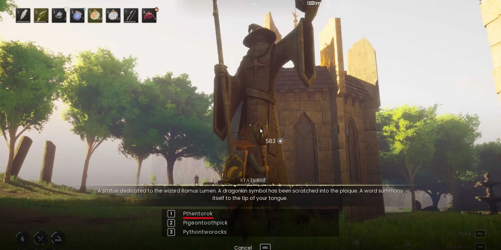 Wizard statue outside the Runecrafting Guild with Pthentorok listed among the dialogue choices