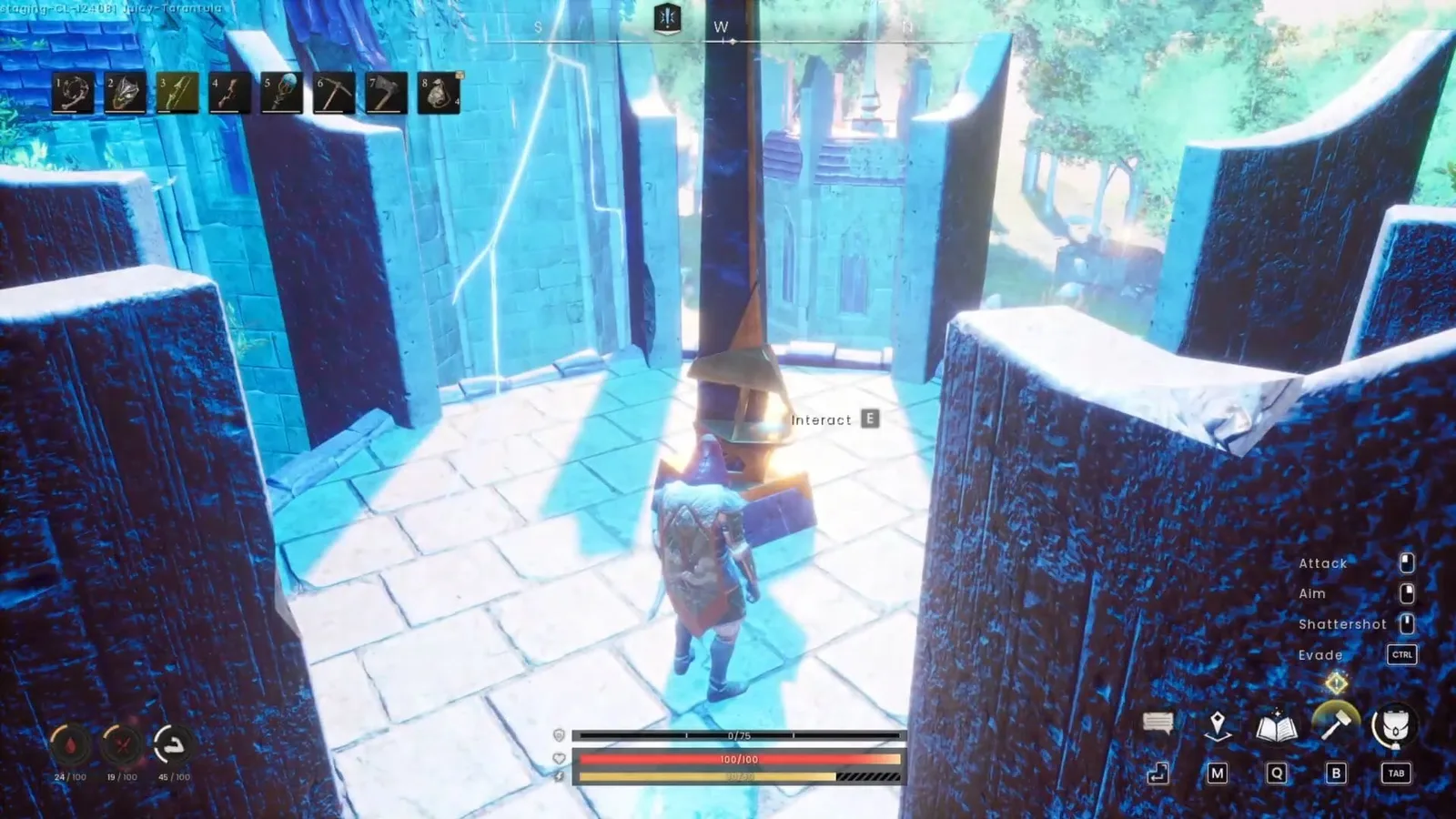 Player standing beside a glowing orb pedestal on a tower platform with surrounding towers visible