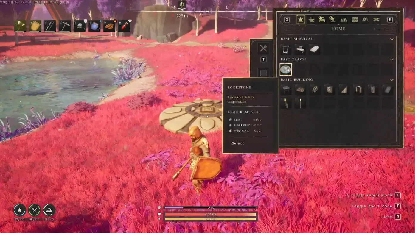 RuneScape Dragonwilds build menu showing Lodestone requirements for Stone, Rune Essence, and Vault Core