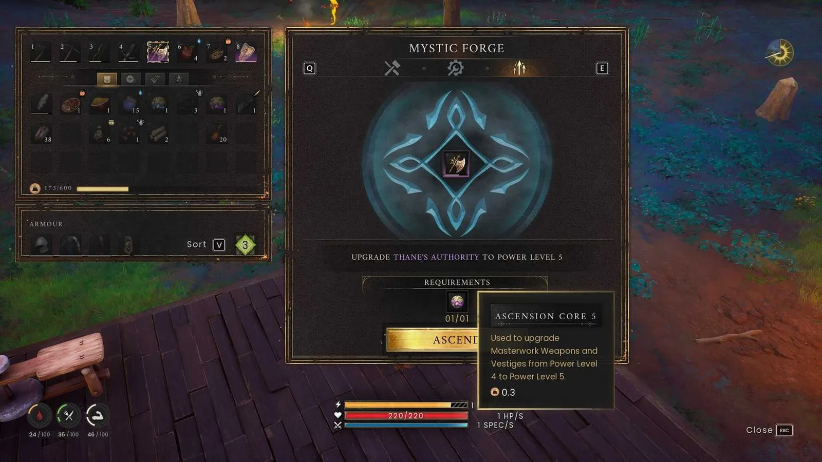 Mystic Forge upgrade interface with Thane's Authority ready to ascend to Power Level 5