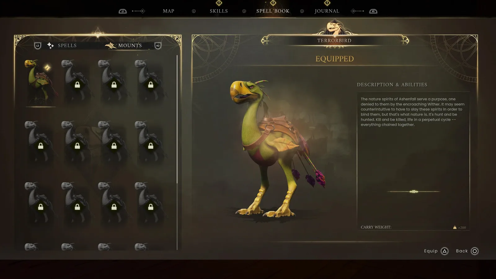 The Spell Book Mounts tab showing an equipped Terrorbird and locked mount variants.