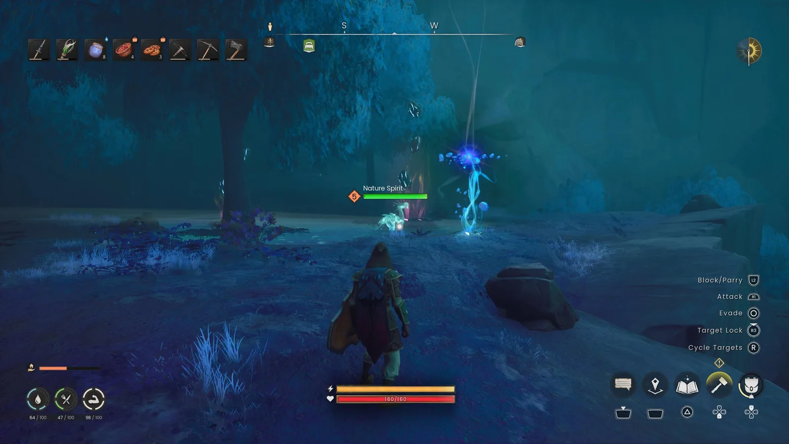 A glowing Nature Spirit in a dark Fellhollow environment beside trees and rocks.