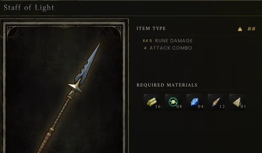 Staff of Light recipe interface showing the weapon and its required materials